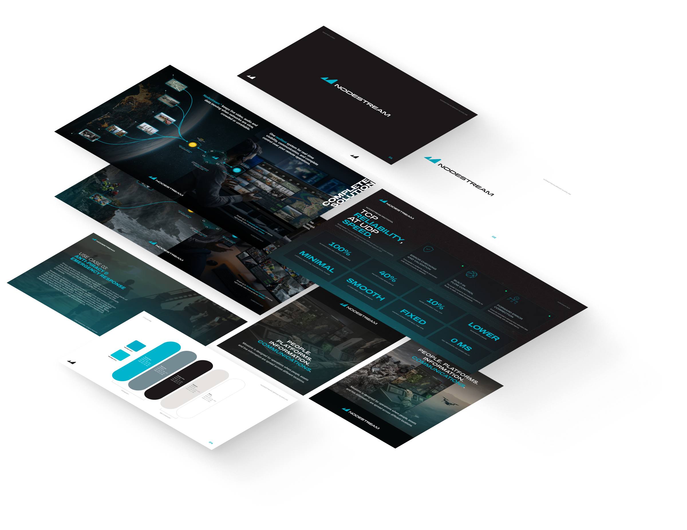 NodeStream industry documents and slides laid out at an angle.